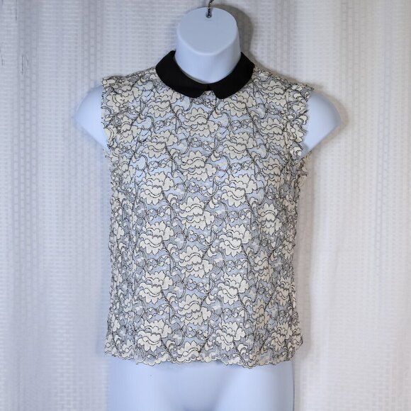 NWT Zara Woman Size L black/white lace short sleeve top w/black Peter Pan collar - Picture 3 of 11